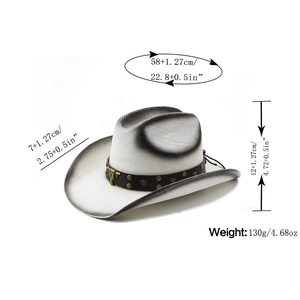 Detail view of western cowboy hat with cattle head ornament and size specifications