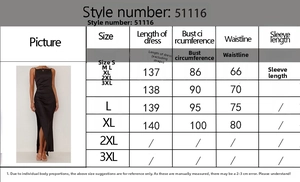 Detailed size chart for backless slit midi dress showing length, bust, and waist measurements