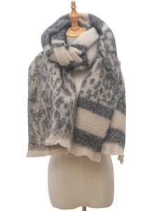 Detail of beige and gray leopard print scarf featuring soft texture and fringe edges