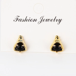 Exquisite gold helmet-shaped stud earrings with black center stone and diamond accents