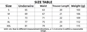 Size chart table for lace lingerie set showing measurements from S to XXL in centimeters