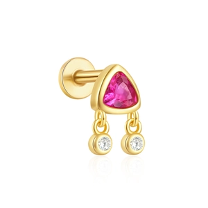 Detail of 16G gold cartilage stud with pink triangle gem and clear dangling crystals