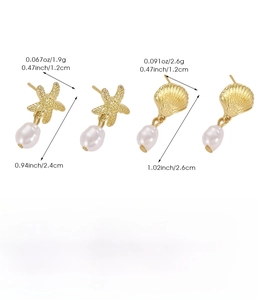 Detailed size specifications for starfish and seashell pearl drop earrings in zinc alloy