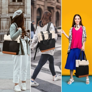 Three-way urban backpack and tote bag with USB charging port and brown base contrast