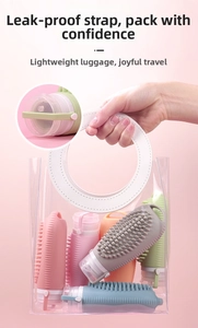Detail view of silicone travel bottles with massage texture and leak-proof strap