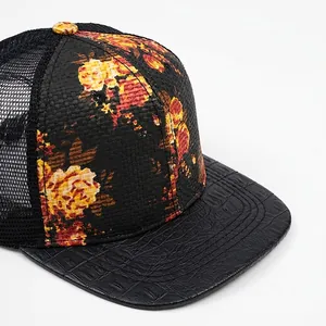 Floral straw mesh baseball cap with crocodile texture brim and breathable back panel