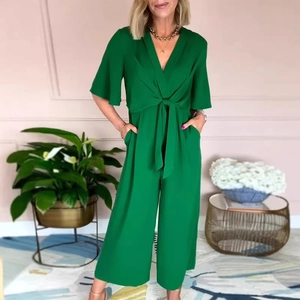 Women Jumpsuit Polyester V Neck Waist Tie Short Sleeve Wide Leg Pockets Solid Color Elegant Summer Fashion Casual Romper