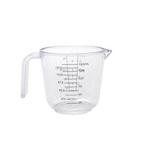 Close-up of 150ml transparent measuring cup with precise black scale and pour spout