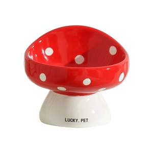 Gamelle en céramique champignon rouge à pois avec base blanche marquée Lucky Pet