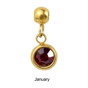 Detail of January birthstone pendant with dark red gem on gold stainless steel chain