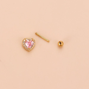 Golden heart screw-back cartilage earring with pink zircon and stainless steel post