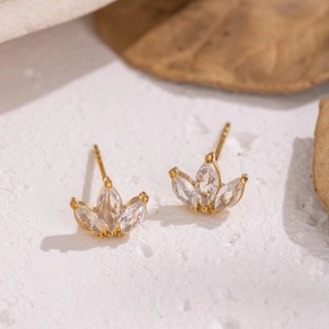 Minimalist gold stainless steel stud earrings featuring three petal marquise zircon stones