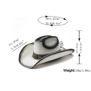 Chapeau de cow-boy en paille avec boucle de taureau et dimensions sur fond blanc