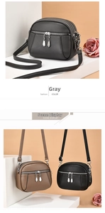 Detail of lychee textured leather crossbody bags with multi-layer zippers and silver hardware