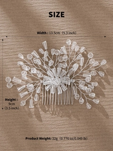 Detailed size chart for handmade bridal crystal hair comb showing 13.5cm width and 9cm height