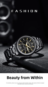 Detail of black stainless steel watch with golden hands and day-date display window
