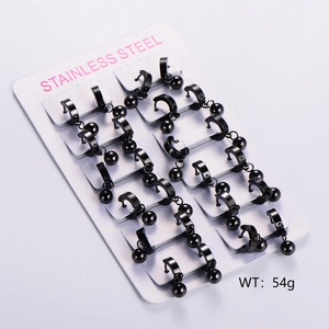 Set of minimalist black beaded hoop earrings made of stainless steel on display card