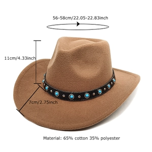 Cappello da cowboy cammello con perline turchesi e misure dettagliate nel design