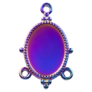 Macro shot of 18k vacuum plated oval stainless steel pendant connector with rainbow gradient