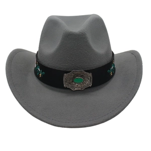 Close-up of vintage grey felt cowboy hat with floral embroidery and green gemstone buckle