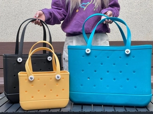 Waterproof EVA beach tote bags shown in three sizes for scale comparison