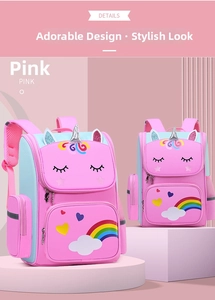 Detailed view of pink unicorn school backpack featuring sequined horn and embroidery