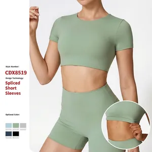 Damen Yoga Crop Top Sport T-Shirt Gebürstetes Nylon Spandex Multidirektionaler Stretch Slim Fit Fitnessbekleidung