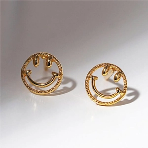 Elegant gold smiley face stud earrings with intricate beaded edge detailing