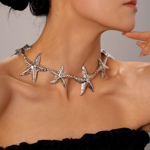 Close-up of a silver starfish choker necklace featuring hammered metal texture and chic style