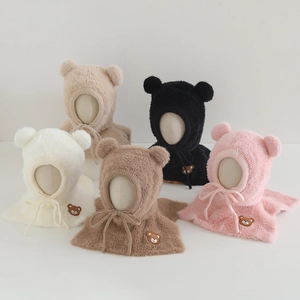 Children's plush bear ear balaclava hat with drawstring and scarf set in 5 colors