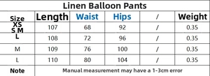 Detailed size chart for women linen balloon pants with waist measurements and lengths