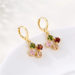 Elegant 18K gold-plated hoop earrings with colorful square-cut zircon gemstone drops