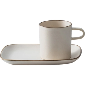 Japanese style ceramic coffee cup set with rectangular tray in cream and brown trim