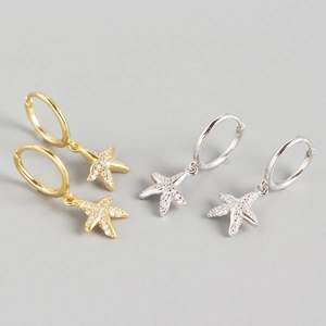 925 Sterling Silver Starfish Hoop Earrings Light Luxury Ocean Style Zirconia Pave Sea Star Drop Earrings For Women Jewelry