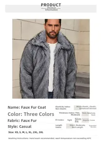 Detail view of grey faux fur men jacket texture and sizing specifications table