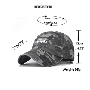 Detailed chart showing size measurements and weight for the camouflage baseball cap