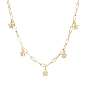 Detailed shot of gold-plated paperclip chain necklace with five-pointed star pendants