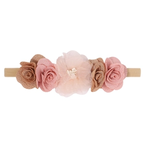 Soft nylon baby headband with five artificial floral embellishments in pink and brown tones