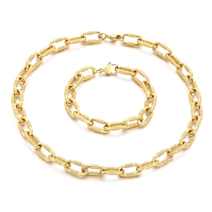 Hip hop style gold stainless steel necklace and bracelet set with textured rectangular links