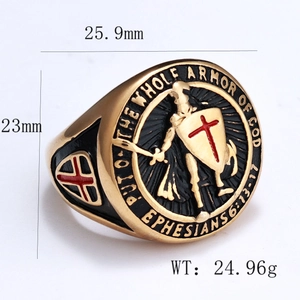 Detail view of gold shield ring with red cross showing size 25.9mm and 24.96g weight