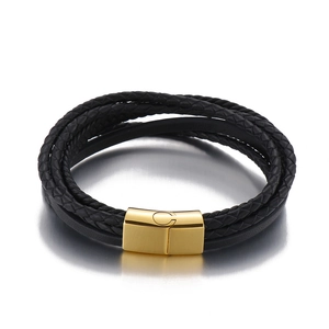 Men's multi-layer black braided leather bracelet with a polished gold magnetic clasp