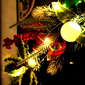 50CM lighted Christmas wreath with pine needles, red berries and festive warm LED lights