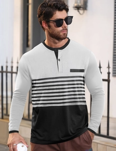 Detail of men's slim fit V-neck shirt with color block stripes and henley button neckline