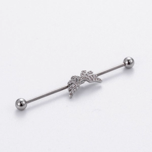 Industrial barbell piercing with silver wings and crystals on 1.2mm stainless steel bar