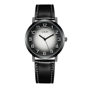 Classic men's vintage leather watch with gradient grey dial and silver steel case