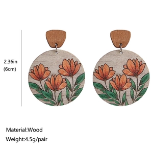 Boucles d'oreilles bohèmes rondes en bois de 6cm avec motifs de tulipes orange