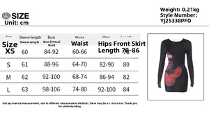 Detailed size chart for the printed slim fit mini dress with sleeve and bust measurements