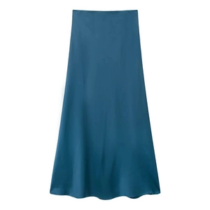 Elegant peacock blue satin midi skirt with A-line silhouette on a white background