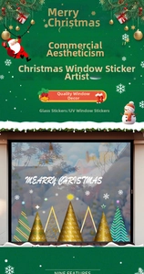 Detail of golden and green geometric Christmas tree window decals with festive lettering