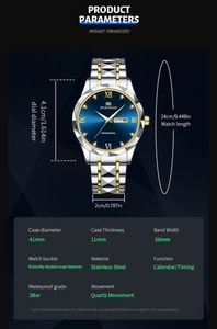 Detailed specs of the 41mm stainless steel quartz watch with blue dial and calendar feature
